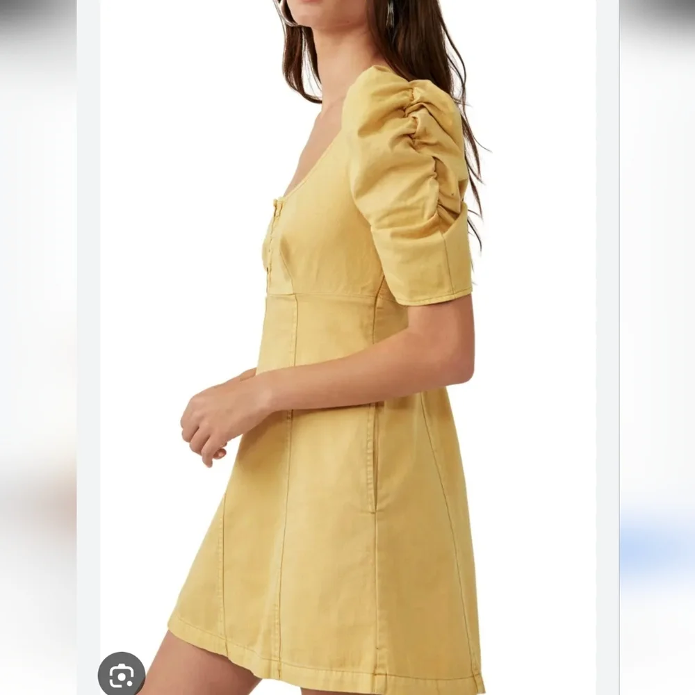Free People Cheyenne Denim Mini Dress Babydoll Smocked Pockets Puffer Sleeve S
